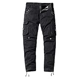 QWUVEDS Jeanshose Mit Gummizug Herren Herren Freizeithose Multi Pocket gerade einfarbige...