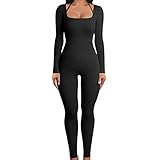 Damen Yoga Jumpsuits Workout gerippte Strick Langarm Workout Sport Jumpsuits eckigem...