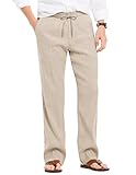 COOFANDY Herren Leinen Freizeithose Elastische Taille Kordelzug Strand Yoga Hose, Khaki,...