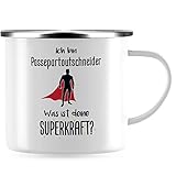 JUNIWORDS Emaille-Tasse, Ich bin Passepartoutschneider. Was ist deine Superkraft?,...