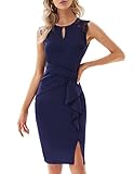 GRACE KARIN Damen Knielang Cocktailkleid Spitzen-Patchwork Minikleid Bürokleid Blau L