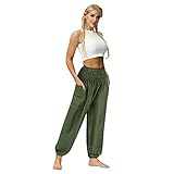 Damen Beach Pants mit Taschen Sommerhose Locker Freizeithose Leinen Haremshose Sommer...