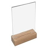 HMF 46940 Acryl Tischaufsteller mit Holzfuß | DIN A6 Hochformat | Glasklar