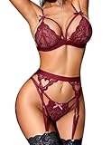 RSLOVE Damen Dessous Set mit Strumpfhalter - 3-teiliges Spitzen Teddy Babydoll Bodysuit...