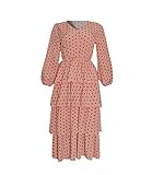 Damen V-Ausschnitt Rüschen Kuchen Rock Langarm Taille Chiffon Kleid Bohemian Dotpolka...