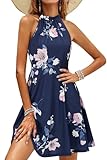 OUGES Sommerkleid Damen Knielang Neckholder Kleid Sommer Blumenmuster Elegant...