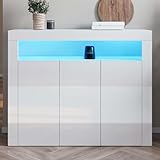 SONNI Kommode Sideboard mit LED Beleuchtung Weiß Hochglanz Wohnzimmermöbel...