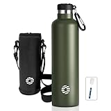 FEIJIAN Trinkflasche Edelstahl 1L mit Karabiner - auslaufsicher Thermosflasche...