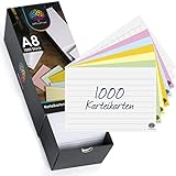 OfficeTree 1000 Karteikarten Set A8 - Karteikarten A8 Liniert, Kariert, Blanco und Bunt -...