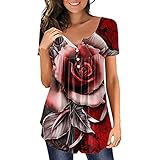 Glitzer Hose Frauen Blumendruck Tops Hide Belly Tunika Kurzarm T-Shirts 2023 Sommer Henley...