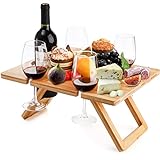 YOUEON Tragbarer Wein-Picknicktisch mit 5 Weingläserhalter, faltbar,...