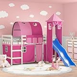 OHOOWOO Kinderhochbett mit Turm Rosa 90x190 cm Massivholz Kiefer,Kinderhochbett mit...