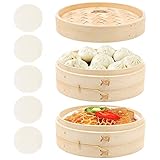 QUOTRE Dampfgarer Bambus 20 cm 2 Etagen Bambusdämpfe für Reis, Dim Sum,...