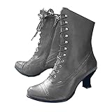 tinetill Stiefeletten Damen Viktorianische Stiefel Gothic Punk PU Lederstiefel Vintage...