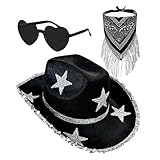 Cowgirl-Hut mit Strasssteinen, 3 x Glitzer-Cowboyhut, Strass-Stern-Bandana,...