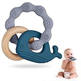 Vicloon Beißring für Babys, Beißring Spielzeug aus Silikon und Holzringe, Baby...