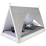 Homestyle4u 1847, Kinderbett 90x200 Weiß Grau Sterne Hausbett Tipi Bett für Kinder...