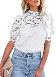 BLENCOT Damen Spitze Tops Puff Kurzarm Stehkragen Casual Blusen Hemden mit...