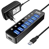 bauihr USB Hub Aktiv 3.0 mit Netzteil, 7 Ports USB 3.0 Hub aktiver Datenhub mit Schalter...