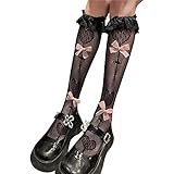 Damen Knie High Socken Mädchen Von Spitzenfischnetzstrümpfen Lolita Loose Socken Lolita...