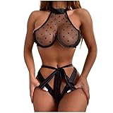 ROSVAY Sexy Dessous Set Durchsichtig 2-Teiliges Halter BH aus Tüll Gepunkteter...