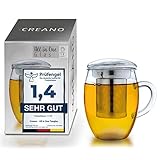 Creano Teeglas all in one 400ml, Große Teetasse mit Edelstahlsieb und Deckel aus Glas,...