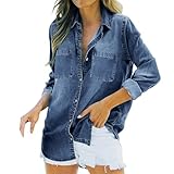 Damen Jeanshemd Button Down Jeansbluse Langarm Weich Denim Hemd Casual Jeansjacke...