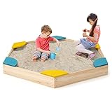 COSTWAY 140 x 122 x 14 cm Sandkasten Holz, Sandbox mit 6 integrierten Sitzen, Sandkiste...