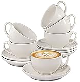 Cappuccino Tassen 6er Set aus Keramik Weiß - Mit Untertassen - Hält Lange warm...