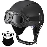 Deutsche Leder Motorrad Halbhelme mit ECE, Vintage Helme mit Schutzbrille, Jethelm Retro,...