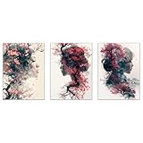 JOSUE 3er Set Aquarell Bild Frau Blumen Bilder Leinwand Modern,Rosa, schwarz Bilder...