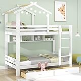 FEZTOY Kinderbett Baumhaus mit Schubladen und Regalen, Etagenbett Hausbett mit Leitern,...