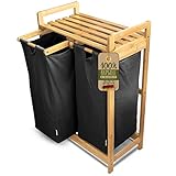 AMBIAVO® Wäschekorb 2 Fächer [schwarz, 100% Baumwolle, Bambus, 60 l Volumen] |...