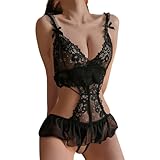 KONFEN Sexy Damen Dessous Set, Erotische Translucent Spitze Riemchen Bodysuit...