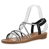 VAN HILL Damen Riemchensandalen Flach Strass Trendy Schuhe 214500 Schwarz 38