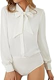 Kate Kasin Damen Elegante V-Ausschnitt Bodys Weiße Bowtie Bluse Business Oberteil Weiß...