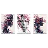 JOSUE 3er Set Aquarell Bilder Blumen Schwarze Frau Leinwand Bilder,Rosa, schwarz...