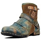 OSSTONE Herren Stiefel aus Rindsleder Lederstiefel mit Gummisohle Biker Boots mit...