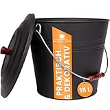 BLACK OAK Ascheeimer KATLA 15L – schwarz Deckel mit Holzknopf - groß 15 Liter...