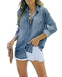 Feziakuk Damen Jeanshemd Button Down Jeansbluse Langarm Weich Denim Hemd Casual...