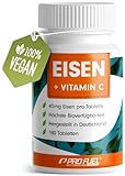 Eisentabletten 180x mit 40 mg Eisen + Vitamin C (40mg) aus Hagebutten - Tabletten VEGAN...