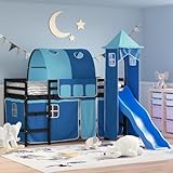 OHOOWOO Kinderhochbett mit Turm Blau 90x190 cm Massivholz Kiefer,Kinderhochbett mit...