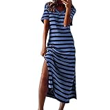 Damen Streifen Maxikleid Kurzarm V-Ausschnitt Sommer Maxi Kleid, Lockeres...