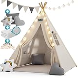 Spielwerk® Kindertipi Spielzelt Baumwolle 130x130x160cm Bodenmatte Girlande Lichterkette...