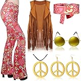 Haull 7-teiliges 60er-/70er-Jahre-Outfit für Damen, Hippie-Kostüm-Set, Boho-Schlaghose,...