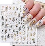 9 Blätter Abstrakte Linie Nagelsticker Selbstklebend Gold Schwarz Dame Gesicht,...