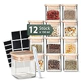 Celeko Home Stapelbare Gewürzgläser Eckig Bambus-Holzdeckel 150ml (Set 12 Stück)...