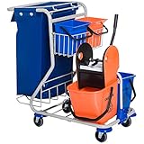 HOMCOM Putzwagen Reinigungswagen 4 Fahreimer Wischwagen Systemwagen mit Rollen Blau Orange...