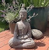 K&L Wall Art Große Buddhastatue Beton Grau Kunststein Buddha Feng Shui Deko Figur Garten...