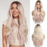 OUFEI Rosa Highlight Ombre Blonde Perücken für Frauen Lange lockige Perücke...